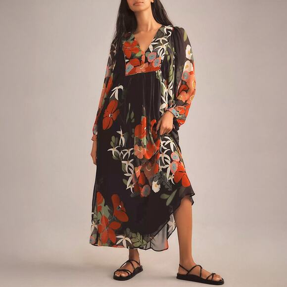 Farm Rio Anthropologie Multicolor Long Sleeve Floral Maxi Dress - Picture 1 of 6